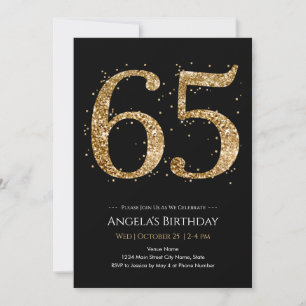 65th Birthday Gold Glitter black Invitation