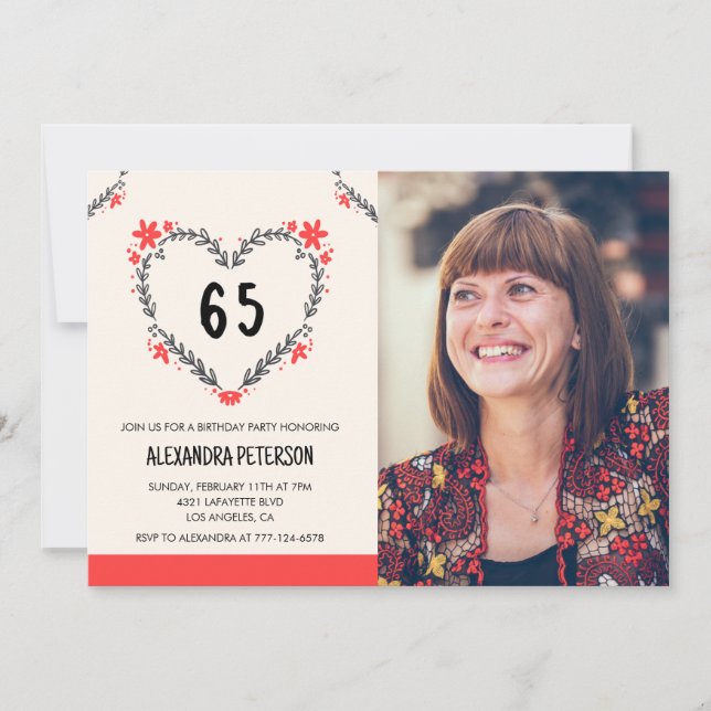 65th birthday invitations for her Floral Heart (Front)