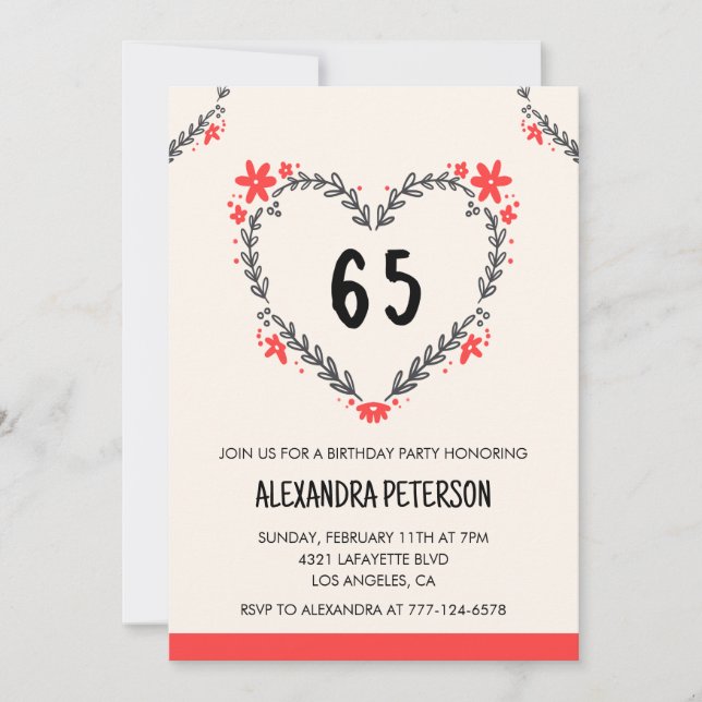 65th birthday invitations for her floral heart (Front)