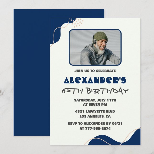 65th birthday invitations Men Blue Simple Photo (Front/Back)