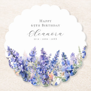 65th Birthday July Birth Flower Larkspur Custom Paper Coaster