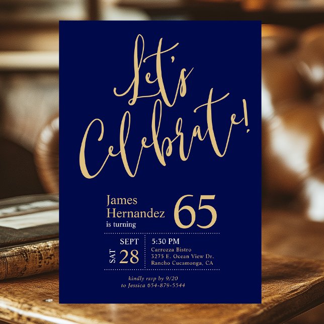 65th Birthday Let's Celebrate Navy Blue Gold Photo Invitation (Creator Uploaded)