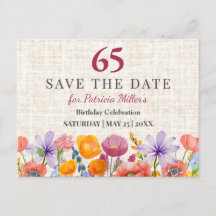 65th Birthday Linen Garden 65 Year Save the Date P