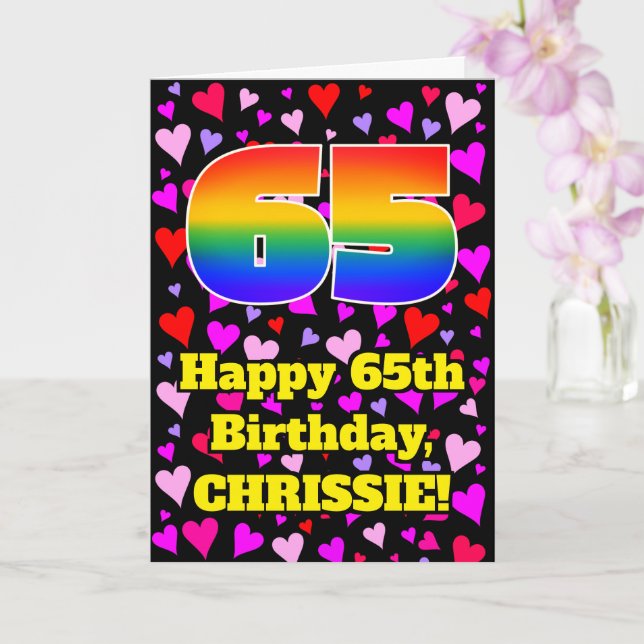 65th Birthday: Loving Hearts Pattern, Rainbow # 65 Card (Orchid)