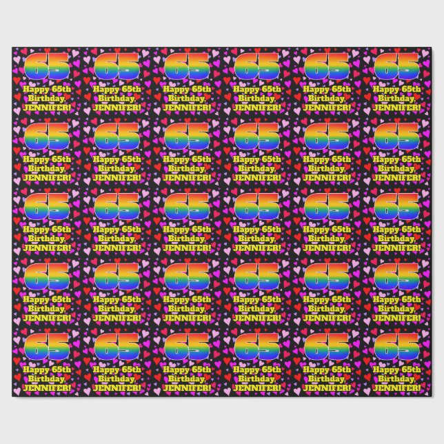 65th Birthday: Loving Hearts Pattern, Rainbow # 65 Wrapping Paper (Seam)