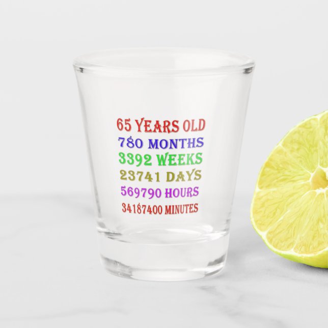 65th Birthday Milestones Shot Glass (Front)