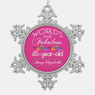 65th Birthday Most Fabulous Colourful Gems Pink Snowflake Pewter Christmas Ornament