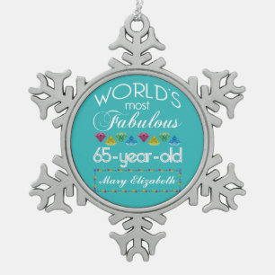 65th Birthday Most Fabulous Colourful Gems Snowflake Pewter Christmas Ornament