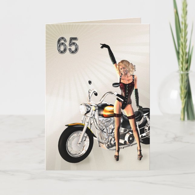65th Birthday, Motorbike and Girl Card (Front)
