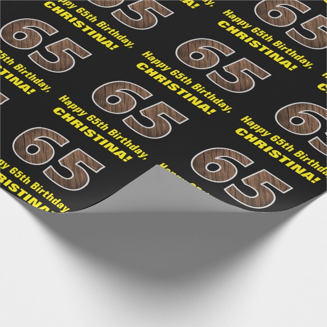 65th Birthday: Name & Faux Wood Grain Pattern "65" Wrapping Paper (Corner)