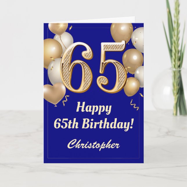 65th Birthday Navy Blue and Gold Balloons Confetti Card (Front)
