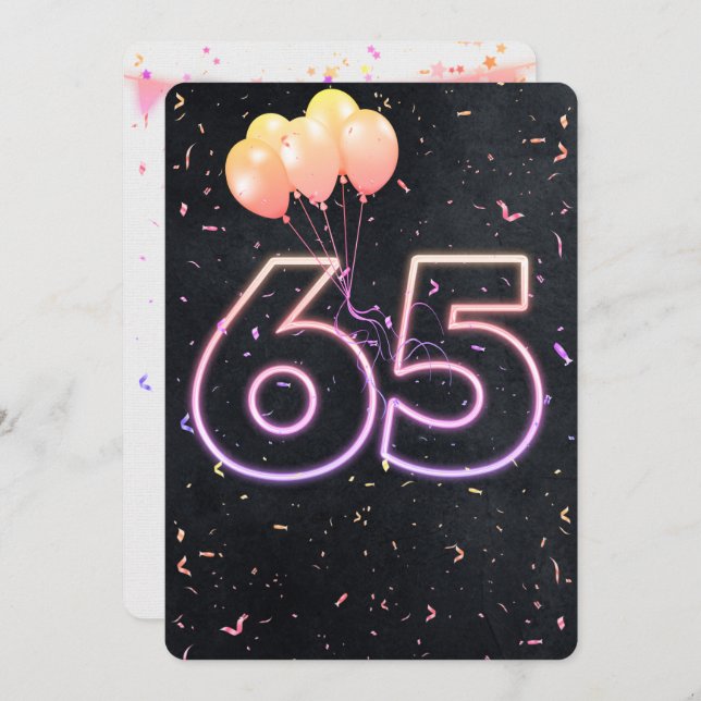65th Birthday Neon Sign On Black Invitation (Front/Back)