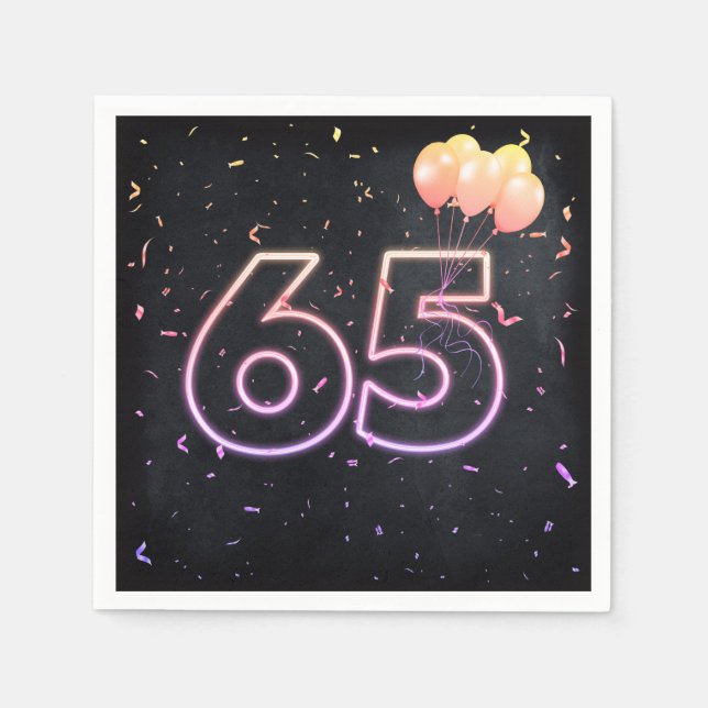 65th Birthday Neon Sign On Black Napkins (Front)