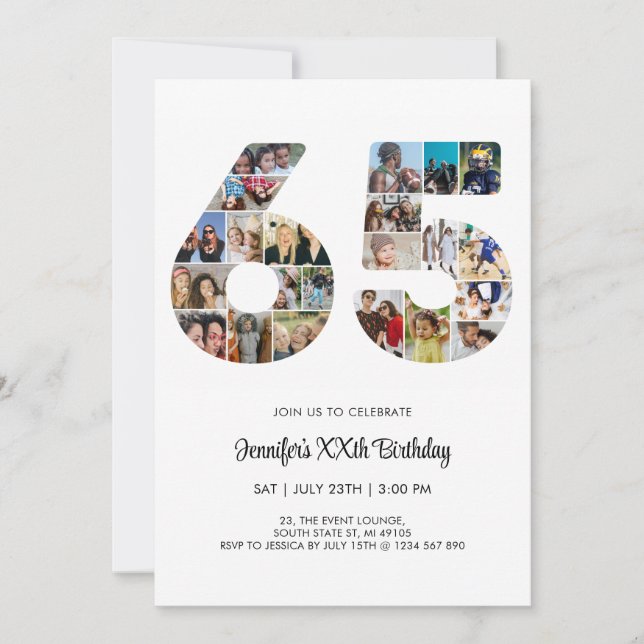 65th Birthday Number 65 Custom Photo Collage Invitation (Front)