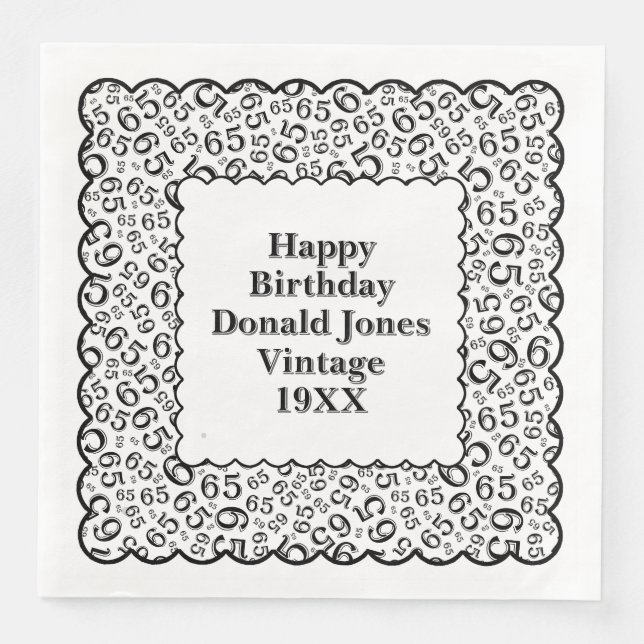65th Birthday Number Pattern Scallops Black/White Napkin (Front)