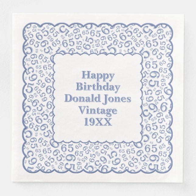 65th Birthday Number Pattern Scallops Blue/White Napkin (Front)