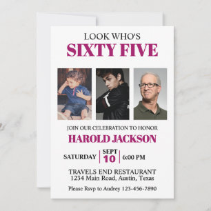 65th Birthday or Any Age Birthday Photo Invitation