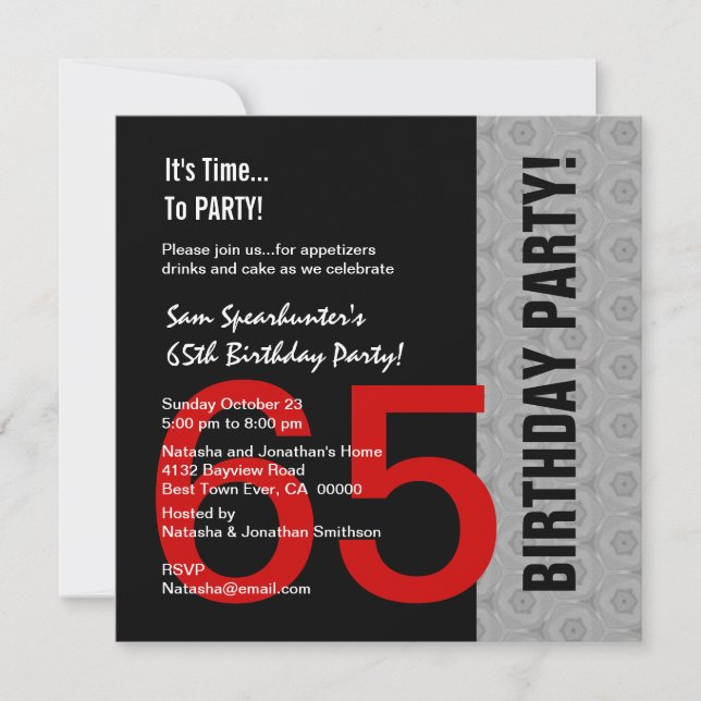 65th Birthday Or AnyYear Red Silver Black C846A Invitation (Front)