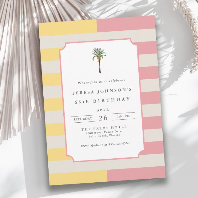 65th Birthday Palm Beach Pastel Stripe Tropical Invitation (Available in both printed and instant download digital formats.)