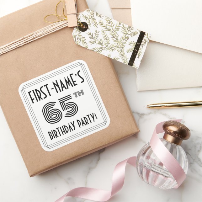 65th Birthday Party: Art Deco Style + Custom Name Square Sticker (Gifting)