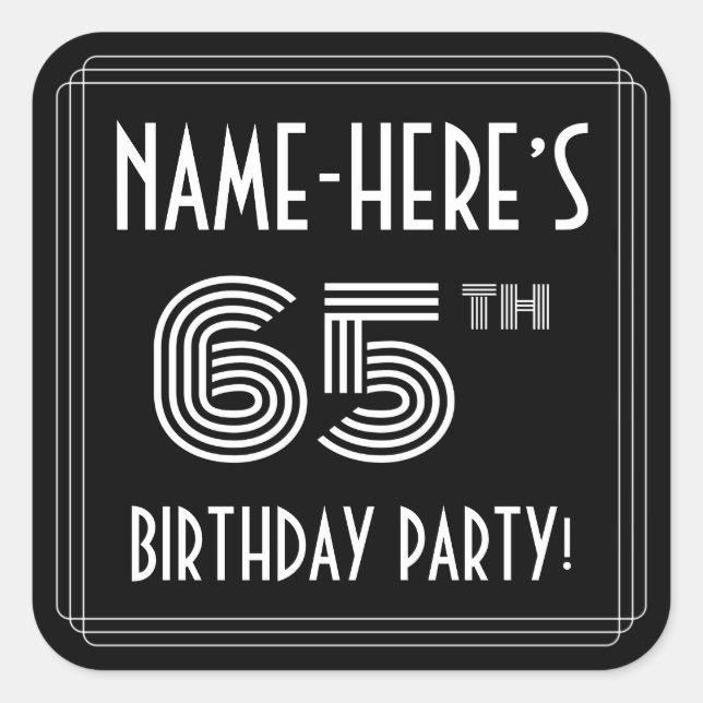 65th Birthday Party: Art Deco Style & Custom Name Square Sticker (Front)