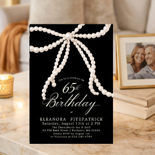 65th Birthday Party Black White Coquette Pearl Bow Invitation