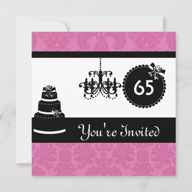 65th Birthday Party Black & White  Damask Inviites Invitation (Front)