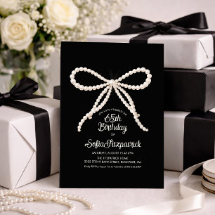 65th Birthday Party Black White Pearl Bow Invitation