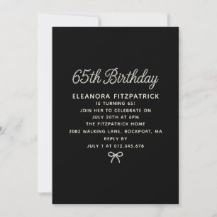 65th Birthday Party Black White Pearl Script Bow Invitation