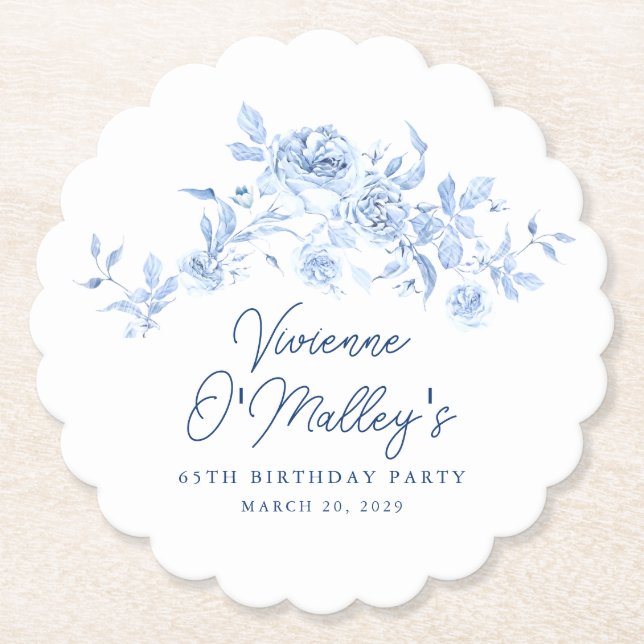 65th Birthday Party Blue Rose Floral Custom Paper Coaster (Front)