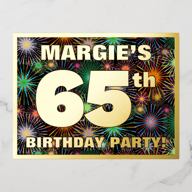 65th Birthday Party: Bold, Colourful Fireworks Loo Foil Invitation Postcard (Front)