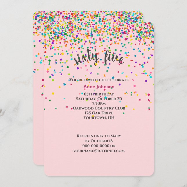 65th Birthday Party confetti Invitation (Front/Back)