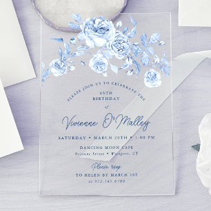 65th Birthday Party Dusty Blue Floral Acrylic Invitations