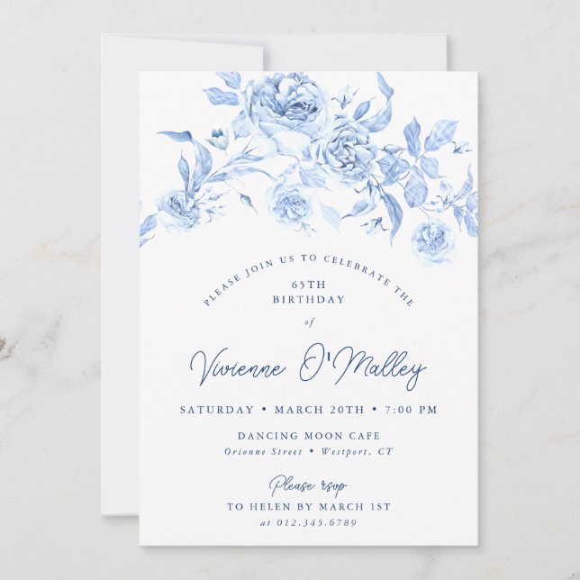 65th Birthday Party Dusty Blue Floral Invitation (Front)