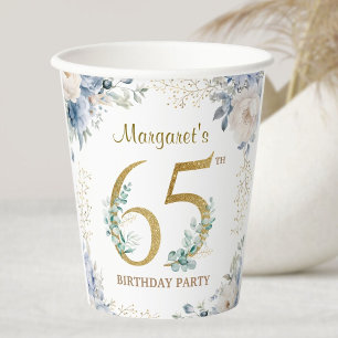 65th Birthday Party Dusty Blue Peony Gold Paper Cups