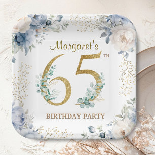65th Birthday Party Dusty Blue Peony Gold Paper Plate