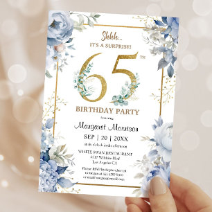 65th Birthday Party Elegant Dusty Blue Floral Invitation