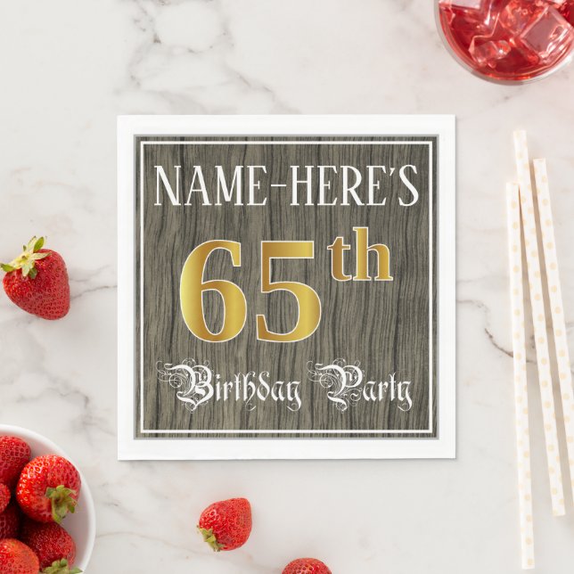 65th Birthday Party — Faux Gold & Faux Wood Looks Napkin (Insitu)