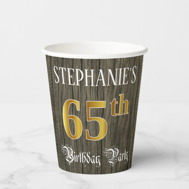 65th Birthday Party — Faux Gold & Faux Wood Looks Paper Cups (Back)