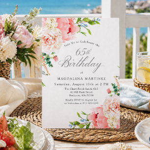 65th Birthday Party Feminine Pink Roses Floral Invitation