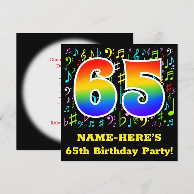 65th Birthday Party: Fun Music Symbols, Rainbow 65 Invitation (Front/Back)