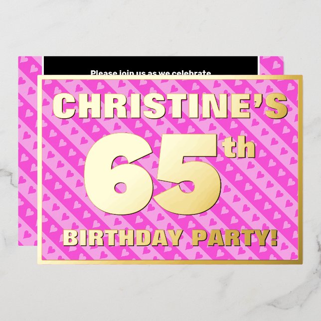65th Birthday Party — Fun Pink Hearts and Stripes (Front/Back)