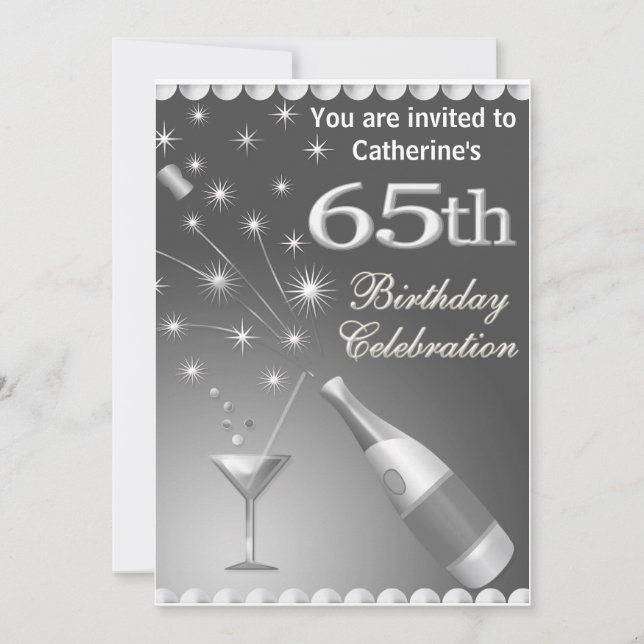 65th Birthday Party Invitation - Silver (Front)