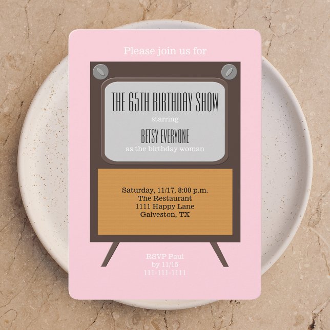 65th Birthday Party Invitation TV on Pink (Creator Uploaded)