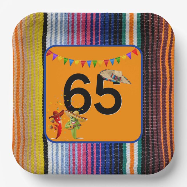 65th Birthday Party Mexican Design Paper Plate (Front)