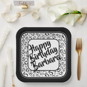 65th Birthday Party Number Pattern Black White Paper Plate