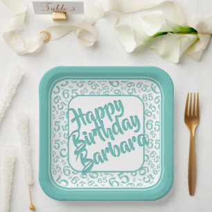 65th Birthday Party Number Pattern Teal White Paper Plate