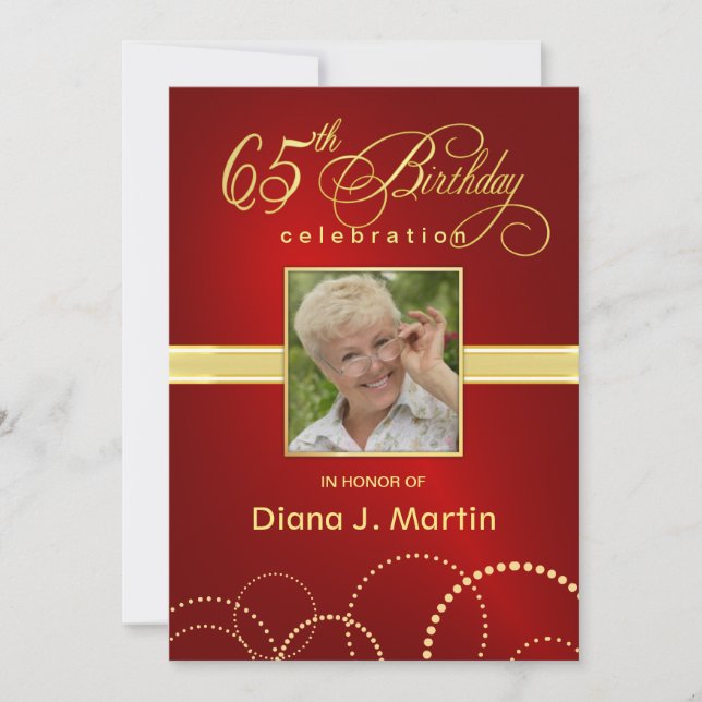 65th Birthday Party Photo Invitations Elegant Red (Front)
