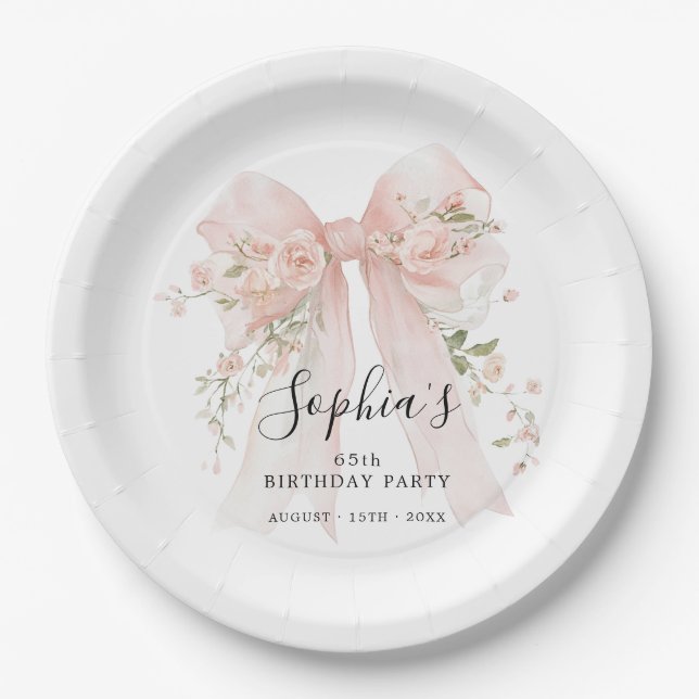 65th Birthday Party Pink Bow with Roses Custom Paper Plate (Front)