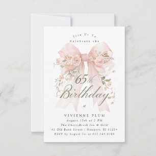 65th Birthday Party Pink Coquette Bow Rose Floral Invitation